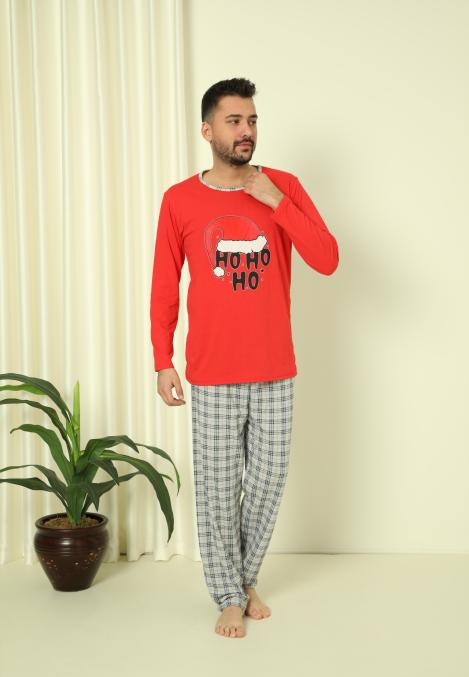 Pijama barbati Craciun "HO HO" maneca lunga ,pantaloni lungi,Culoare Rosu, Engros